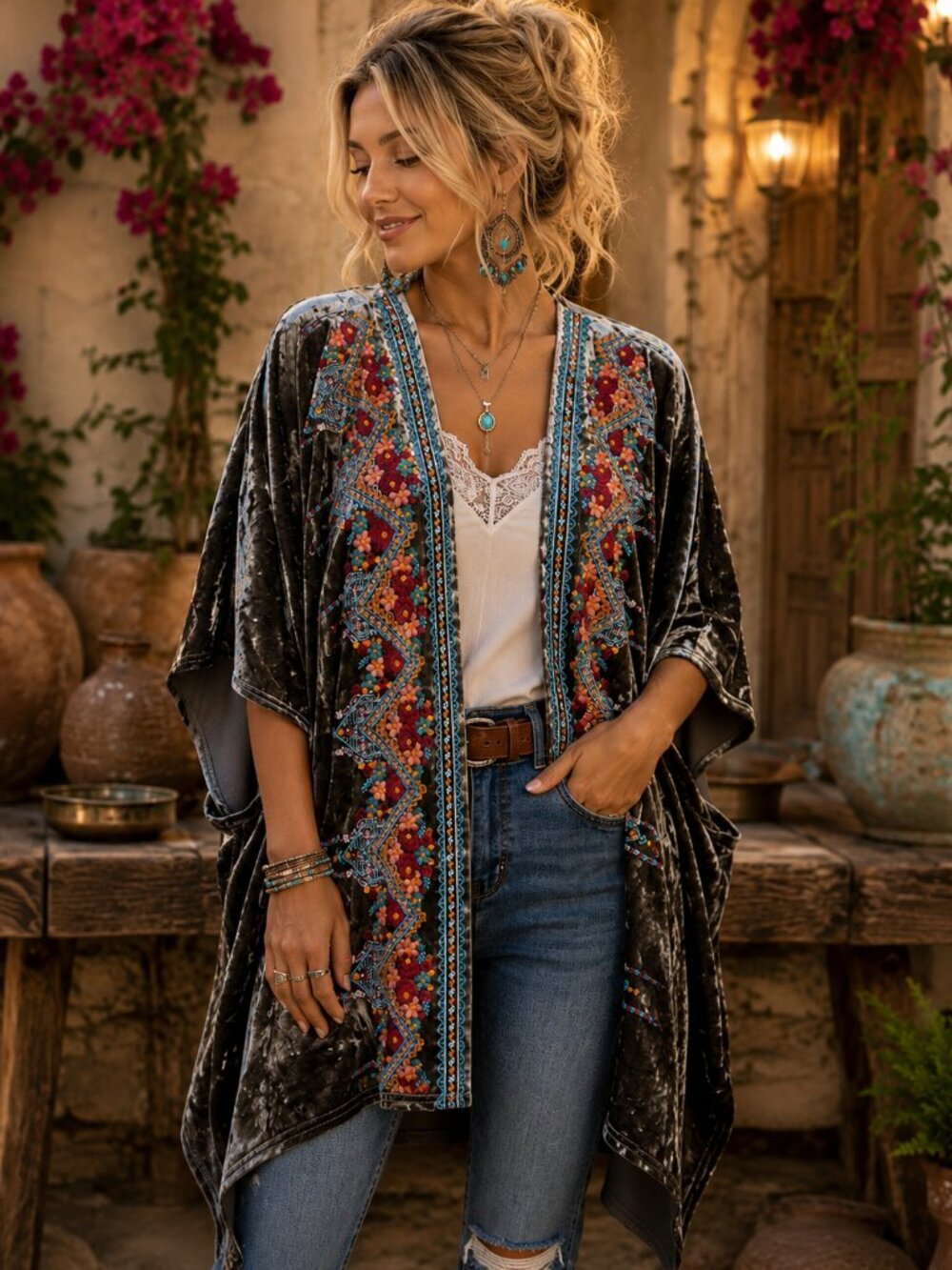 Boutique Embroidered Velvet Kimono Cardigan | Boho Floral Open Front | Medium